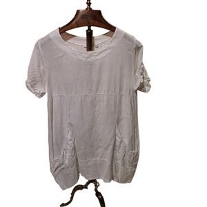 Vasna Italy Linen White Roll Sleeve Unlined Dress With Pockets Size Petite Large